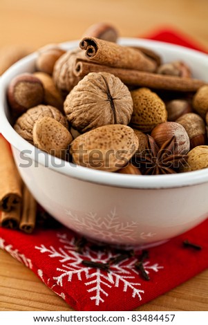 Bowl of nuts and spices for christmas cake