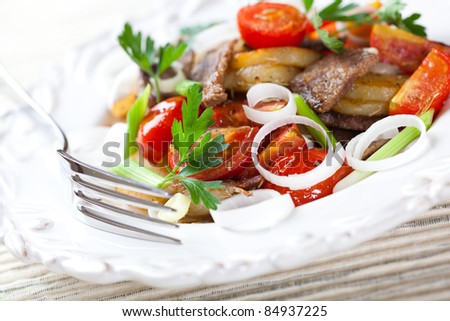 Pan cooked potatoes with meat and onions.Austrian cuisine