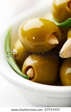 Closeup of almond stuffed green olives
