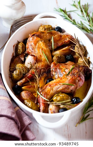 Oven baked rabbit with olives and rosemary