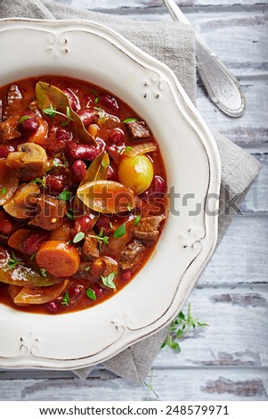 Beef goulash with mushrooms and vegetables