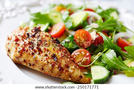 Grilled chicken fillet with colorful salad
