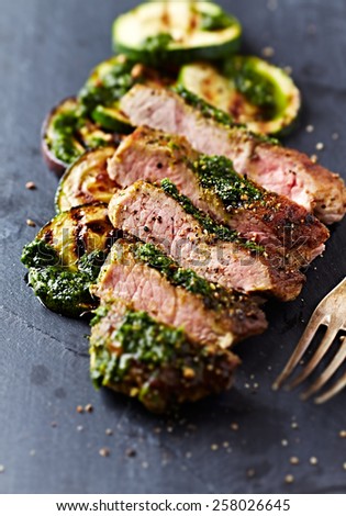 Grilled Pork with Salsa Verde and Zucchini, sliced