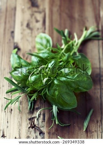 Bunch of basil and rosemary