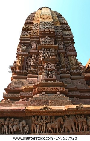 Khajuraho, India has many Hindu temples, famous for their erotic sculptures/Khajuraho temples and their erotic sculptures, India