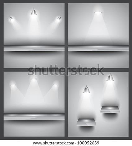 Collection of 4 backgrounds: shop front shelves with LED spotlights. Ideal to feature a product!