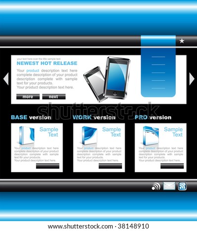 Blue Technology website template with software boxes and icons.