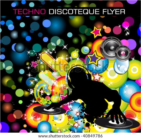 stock vector : Rainbow Techno Discoteque Flyer with Abstract DJ silhouette.