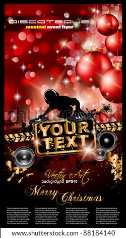 Christmas Party Event Background With Dj Shape And Fantastic Red Baubles And Glitters In The