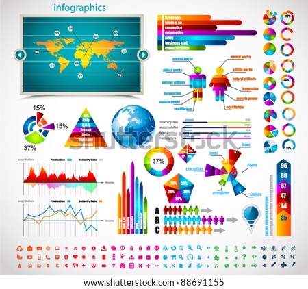 stock vector : Premium infographics master collection: graphs, histograms, arrows, chart, 3D globe, icons and a lot of related design elements.