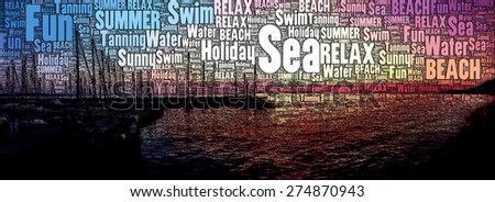 Beach and Fun illustration made of Words on order to show amazing landscapes and sunset of beaches.