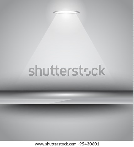 Shelf with LED spotlight with delicate look on a grey gradient wallpaper. Shadows are transparent.