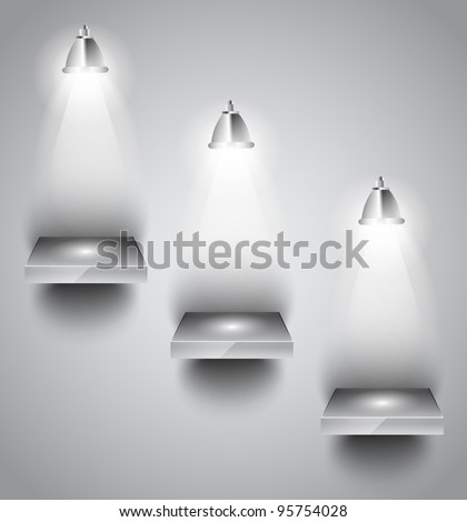 Shelf with LED spotlights with delicate look on a grey gradient wallpaper. Shadows are transparent.
