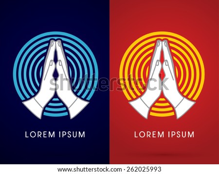 Prayer hand on  blue and yellow cycle line background ,sign, logo, symbol, icon, graphic, vector.