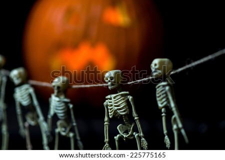 Halloween decoration skeletons hanging from a rough string. An out of focus Jack-o-Lantern in the background.