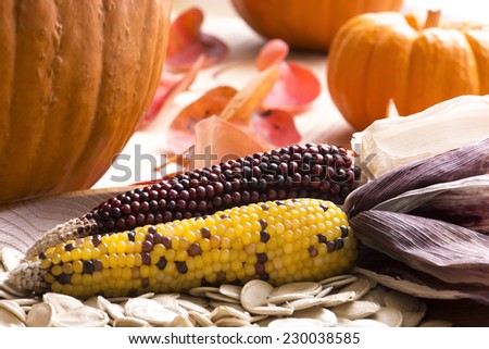 Still life with pumpkins, flint corn, red leaves and pumpkin seeds on oak table top.