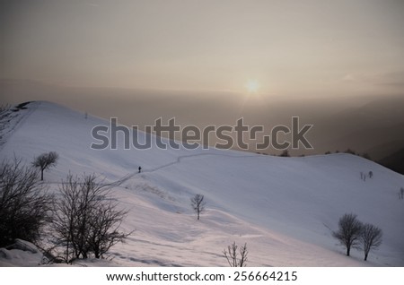 Winter in the Alps. Misty dawn.