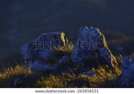 Play of light and shadow in the Alps - Oblique light on the rocks in the grass.