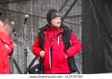 Moscow, Russia - February 4, 2012. Economist Sergei Aleksashenko on the stage of opposition rally. The March and rally for fair elections