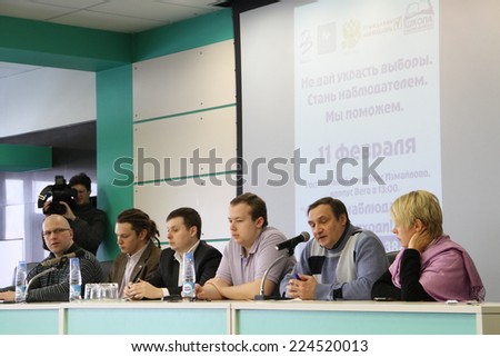 Moscow, Russia - February 11, 2012. Conference on the set of observers to the elections. Hotel Izmailovo. In the photo from right to left Chirikova, Busin, Alborov, Drandin, Velmakin, unknown