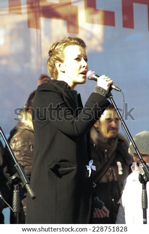 Moscow, Russia - March 10, 2012. TV Presenter Ksenia Sobchak on an opposition rally on election results