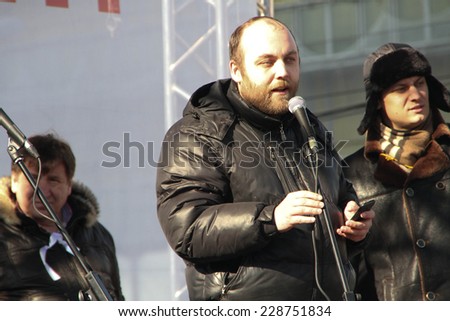 Moscow, Russia - March 10, 2012. Civil activist Peter Shkumatov on an opposition rally on election results