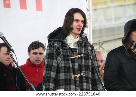 Moscow, Russia - March 10, 2012. Municipal Deputy Maxim Katz on an opposition rally on election results