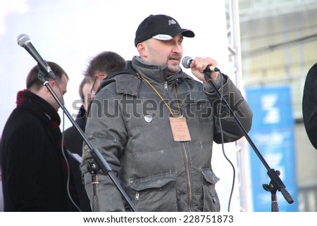 Moscow, Russia - March 10, 2012. Civil activist Vadim Korovin on an opposition rally on election results