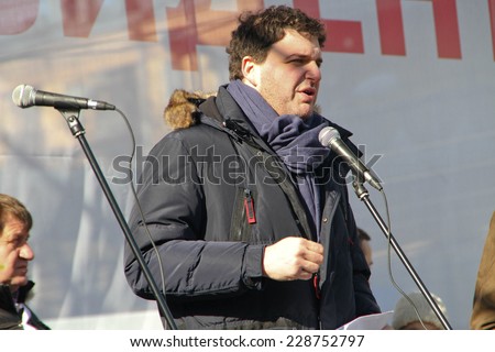Moscow, Russia - March 10, 2012. Actor Maxim Vitorgan on an opposition rally on election results
