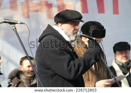 Moscow, Russia - March 10, 2012. Journalist Sergei Parkhomenko on an opposition rally on election results