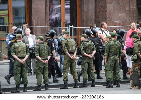 Moscow, Russia - July 18, 2013. Russian police during the opposition rally. Thousands of Muscovites went on this day in support of arrested opposition leader Alexei Navalny