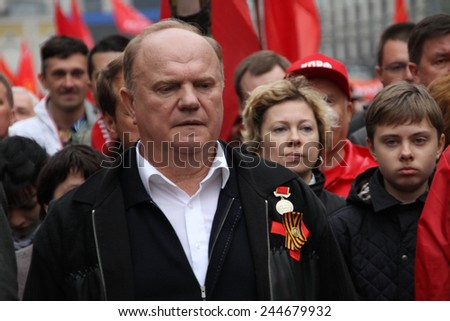 Moscow, Russia - May 9, 2012. March of communists on the Victory Day. Leader of communist party of Russia Gennady Zyuganov
