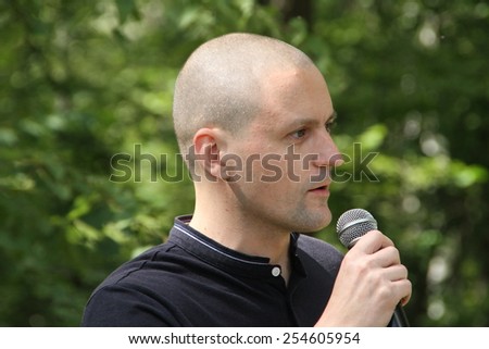 Khimki, Moscow region, Russia - August 19, 2012. The leader of the Left front Sergei Udaltsov at a meeting of activists in the Khimki forest
