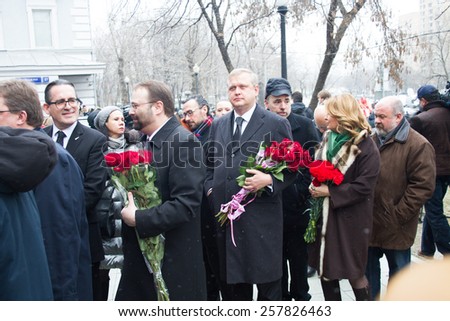 Moscow, Russia - March 3, 2015. Minister of the government of Moscow Sergei Kapkov at the funeral of Boris Nemtsov. Farewell to the oppositionist Boris Nemtsov, who was killed near the Kremlin