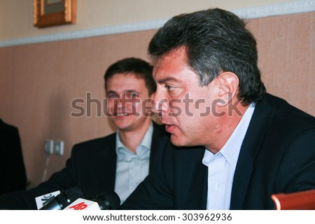 Moscow, Russia - April 6, 2009. Politicians Boris Nemtsov and Ilya Yashin announce the fight in the elections for the post of mayor of Sochi. The press briefing at the office of Boris Nemtsov
