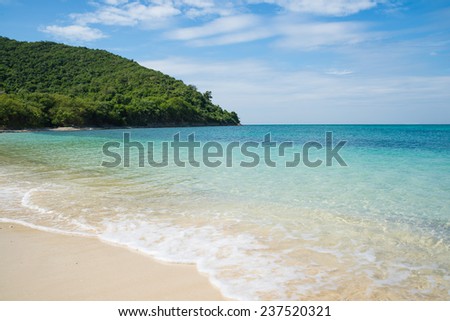 Sea beach blue sky sand sun daylight relaxation landscape viewpoint for design postcard and calendar in Thailand.