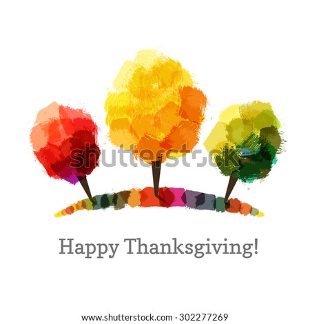 Three vector autumn trees made of short brush strokes. Isolated on white.