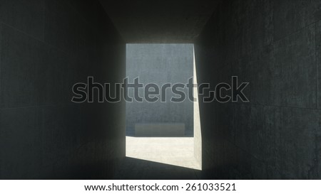 Concrete room with a corridort and the concrete bench, 3d render