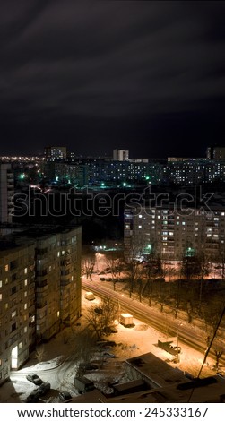 Vertical panorama of the city at night sleeping area Perm Russia