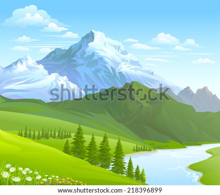 SNOW  MOUNTAIN AND RIVER FLOWING IN A VALLEY