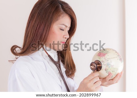 Young Female doctor listening sound of earth