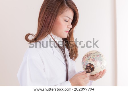 Young Female doctor listening sound of earth