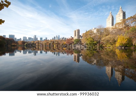 Reflection of New York CIty buildings in the upper west side and midtown manhattan in a calm lake in Central Park