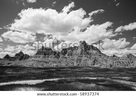 A dramatic black and white image from the Badlands national park in South Dakota