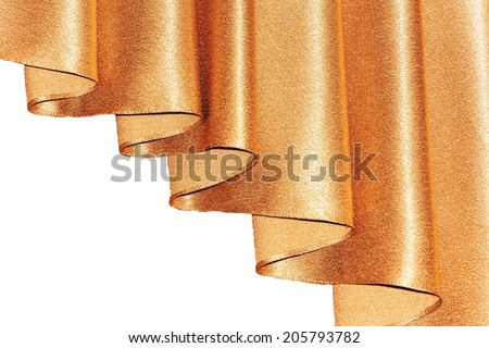 Open lambrequin (portiere, curtain) golden color on the window. Classic interior decoration indoor openings lambrequins back into fashion.