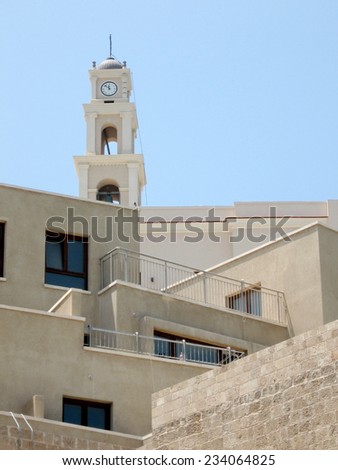 New homes and Bell Tower of St. Peters Church in old city Jaffa, Israel