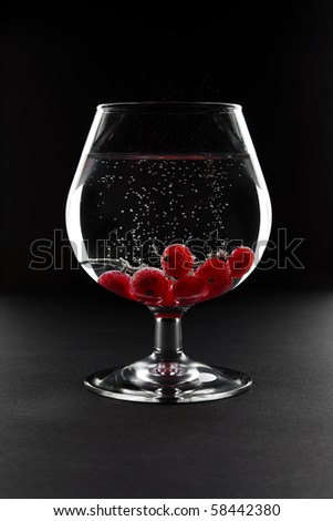 Wine glass with minerals and red currant on black background