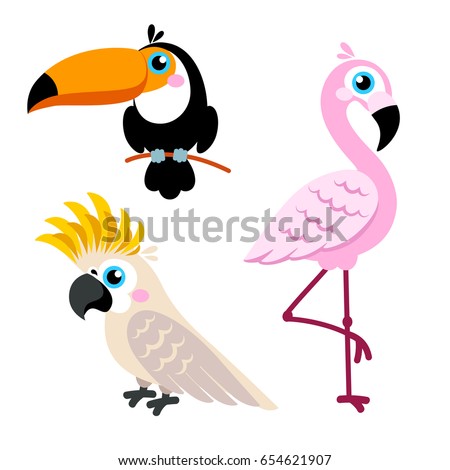 Cartoon parrots set and parrots wild animal birds isolated on white background. Vector illustration
