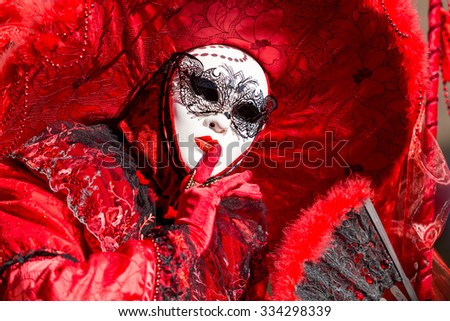 VENICE - January 14 : An unidentified person in a carnival costume attends the end Carnival of Venice , January 14, 2015 in Venice , Italy .