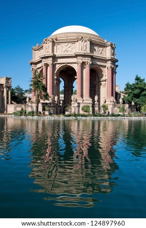 Exploratorium and Palace of Fine Arts in San Francisco with beautiful blue sky in background.